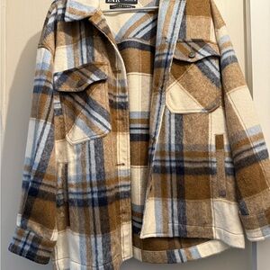 Zara Wool Blend Plaid Jacket in Cream, Blue and Brown
